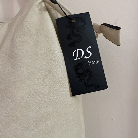 DS Faux Leather Tote Bag Purse Satchel Large Beige Studded Lazer Cut Zippers - Picture 4 of 11